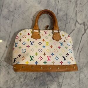 Louis Vuitton White and Brown Satchel with Iconic Monogram